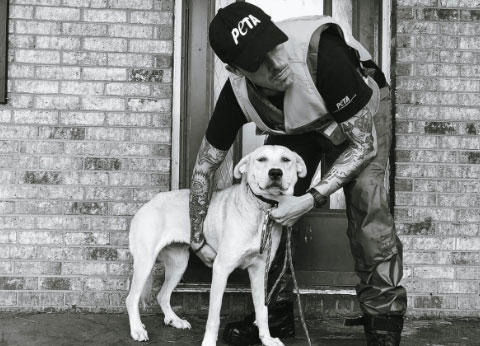 PETA worker hugging dog
